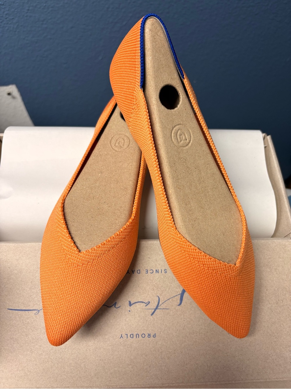 Rothy's Pointed Toe Flats in Bright Orange with Navy Trim